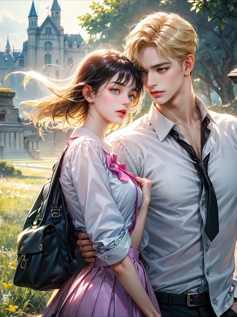The girl has on her shoulders a backpack. Background the landscape