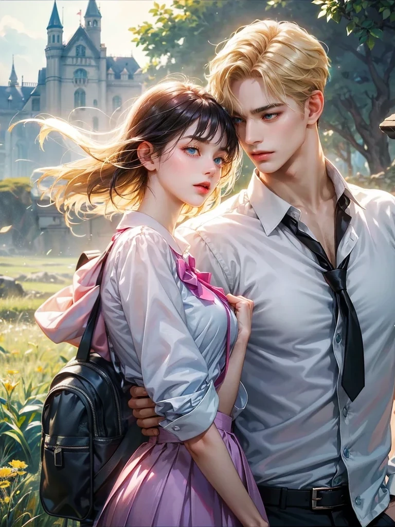 The girl has on her shoulders a backpack. Background the landscape