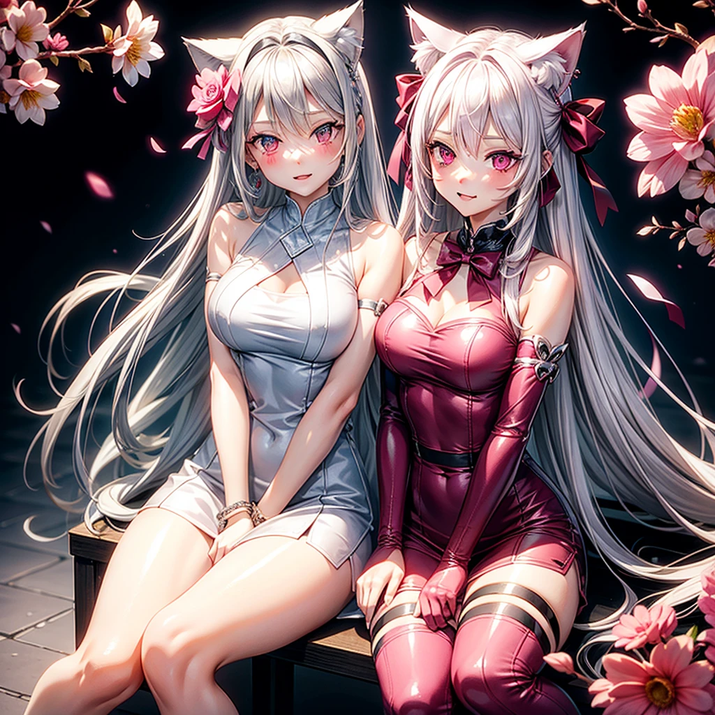 Silver hair, pink eyes, body, cat ears, sexy girl, earrings, flower sky background, pink red uniform, hair bows, sit down, happy face