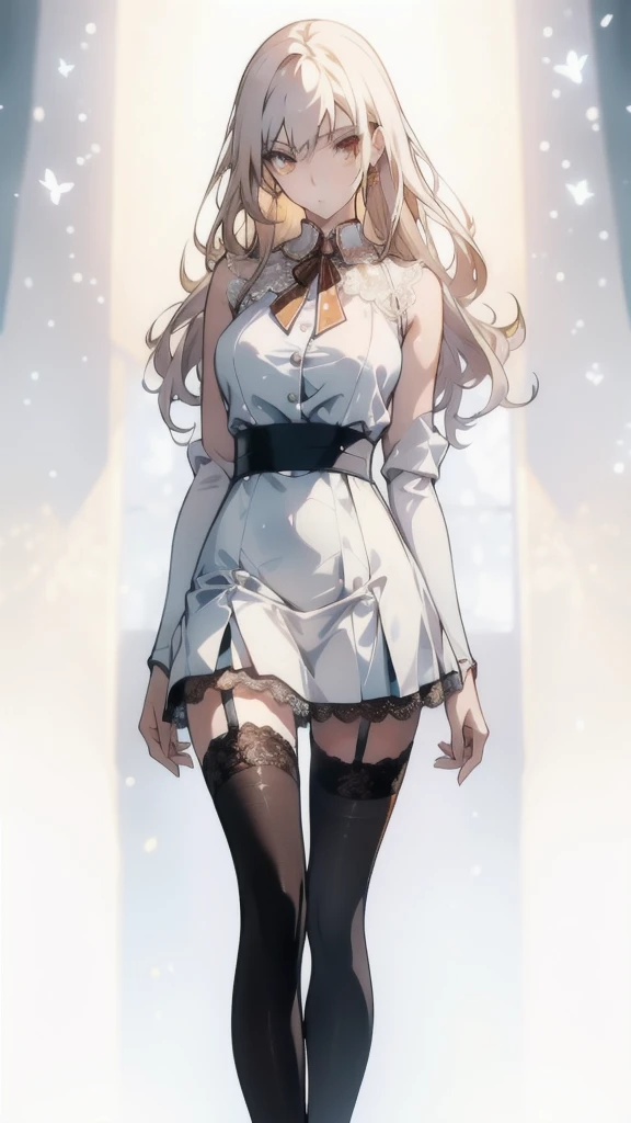 ((masterpiece, best quality)), Delicate face,student,whole body,Standing picture,Long legs,natural breast,Perfect body proportions,Pretty golden eyes,Extremely beautiful,transparent, Pure white background,JKstudent装,Lace,Garter stockings