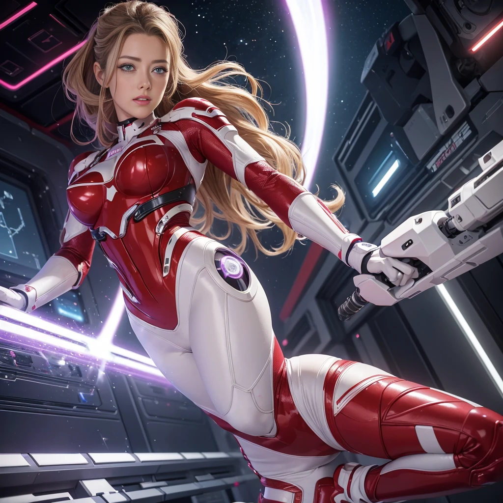 (Best Quality ,High resolution,masterpiece:1.2), Ultra-detailed, Realistic:1.37, (Perfect Anatomy), Full body like,1girl in, Flying, A cute and perfect 25 year old Southern AMBER HEARD, (During cyborg surgery) Beautiful eyes, combat pose, Full body like, detailed facial features, detailed hairs, detailed costume, stunning eyes, Beautiful lips, (Wearing a red-purple and white bionic suit) long、LED Light, cyber space