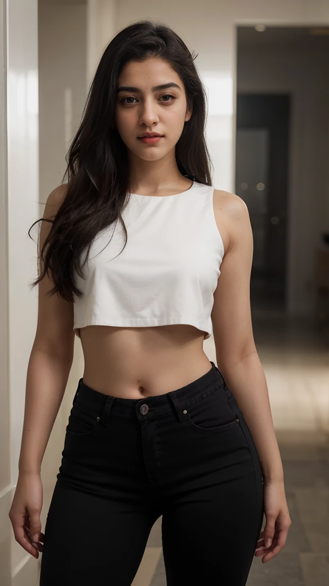 beautiful young woman, Ananya Pandey, red skinny fit crop black jeans, full figure view full body, perfect anatomy, ultra detailed face and eyes, ultra sharp HDR, realistic realism, 8k, intricate details, volumetric lighting, cinematic, photorealistic, chiaroscuro, dramatic lighting, natural skin texture, flawless complexion, porcelain skin, lush hair, elegant pose