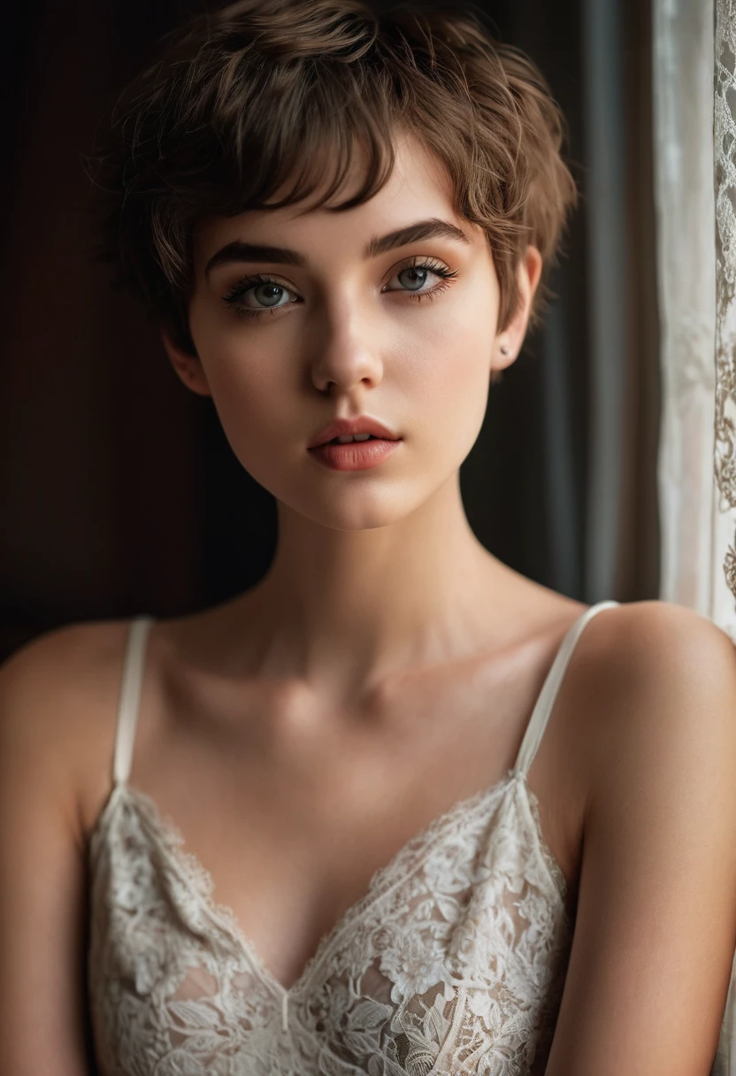 a waist up photograph of a beautiful 20-year-old model, with pixie cut hair, lace nightgown, fashion photography, beautiful detailed eyes, beautiful detailed lips, extremely detailed face and eyes, long eyelashes, dynamic pose, soft lighting, warm color tones, high contrast, dramatic shadows, cinematic, photorealistic, 8k, best quality, hyper detailed
