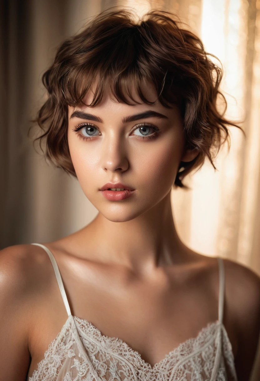 a waist up photograph of a beautiful 20-year-old model, with pixie cut hair, lace nightgown, fashion photography, beautiful detailed eyes, beautiful detailed lips, extremely detailed face and eyes, long eyelashes, dynamic pose, soft lighting, warm color tones, high contrast, dramatic shadows, cinematic, photorealistic, 8k, best quality, hyper detailed