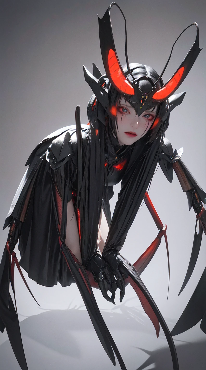 insect Anthropomorphic, detailed insect-like features, creepy and unsettling, dark and eerie atmosphere, realistic rendering, high resolution, sharp focus, vivid colors, intense shadow and lighting, surrealistic style, insect exoskeleton, glowing red eyes, beatle, praying mantis, green, beautiful woman 