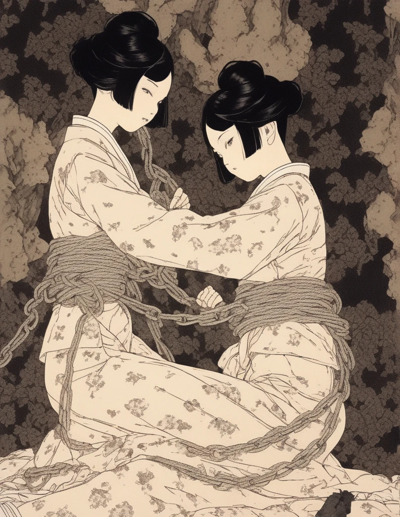 japanese line art , two school girls in a garden tying each other up with chains and rope, knots, bdsm , floral damask background , in the style of takato yamamoto ,