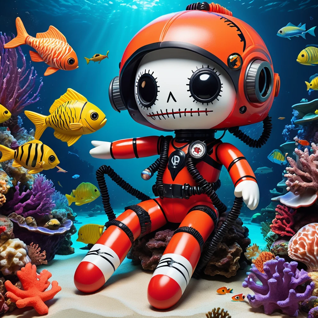 (knitted toy voodoo doll:1.7), (Voodoo Aquatic Rescuer:1.3), (Clothing: wetsuit with bioluminescent patterns, coral armor:1.0), (Accessories: trident with glowing tips, seaweed-wrapped lifebuoy, shell helmet:1.2), (background: underwater scene with vibrant coral reefs and sunken treasures, schools of fish and shafts of sunlight:1.2), best quality, masterpiece, detailed soft oil painting, detailed background, dramatic cinematic lighting, soft edge lighting, professional, dramatic lighting, hard edge lighting, ultra quality, 4k,masterpiece, best quality, 8k, ultra highres, highres, extremely detailed