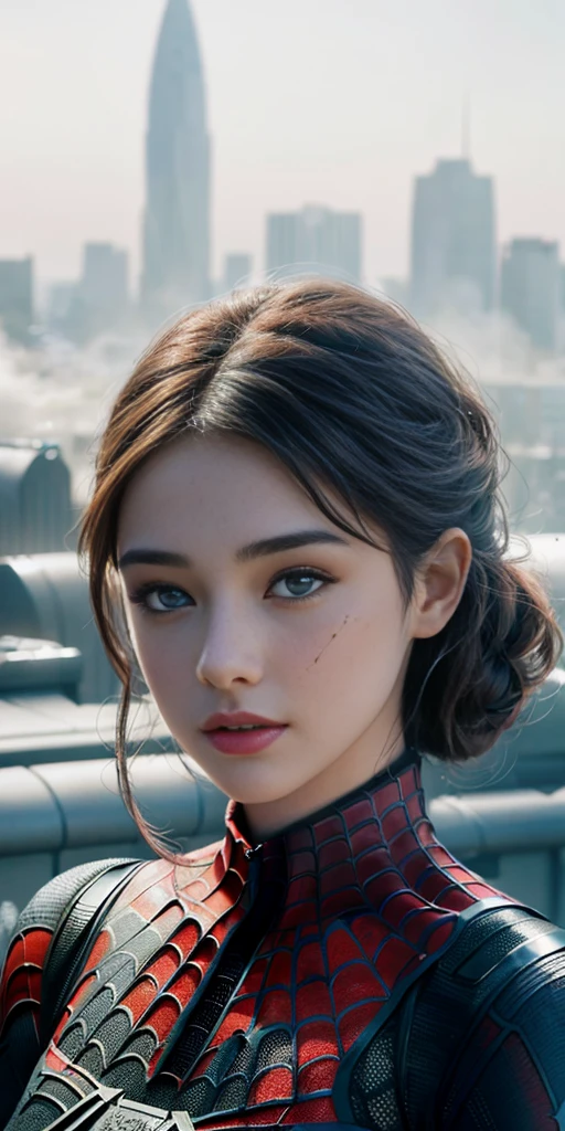 (1girl:1.3), Solo, (((Very detailed face)))), ((Very detailed eyes and face)))), Beautiful detail eyes, Body parts__, Official art, Unified 8k wallpaper, Super detailed, beautiful and beautiful, beautiful, masterpiece, best quality, original, masterpiece, super fine photo, best quality, super high resolution, realistic realism, sunlight, full body portrait, amazing beauty, dynamic pose, delicate face, vibrant eyes, (from the front), She wears Spider-Man suit, red and black color scheme, spider, very detailed city roof background, rooftop, overlooking the city, detailed face, detailed complex busy background, messy, gorgeous, milky white, highly detailed skin, realistic skin details, visible pores, clear focus, volumetric fog, 8k uhd, DSLR, high quality, film grain, fair skin, photo realism, lomography, futuristic dystopian megalopolis, translucent