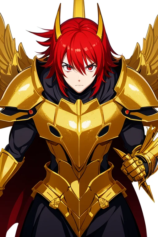 Red hair, anime boy, golden knight armor, no helmet, red eyes, white skin, knight