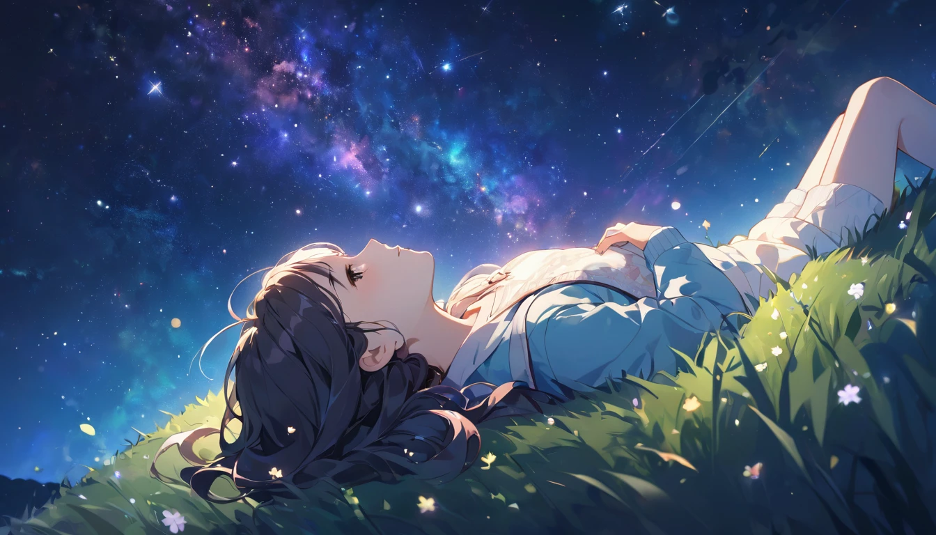 A cute girl is lying on a grassy hill, Look up at the starry sky. Colorful nebulae