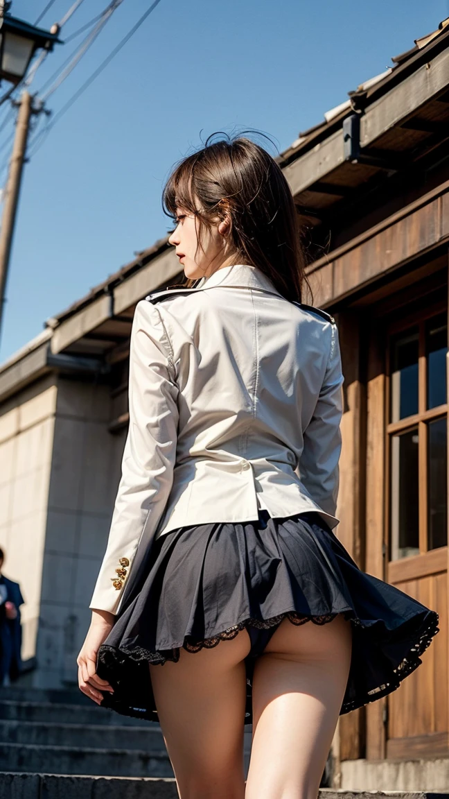 Close-up of a woman in uniform walking down the street、Japanese blazer uniform、high school girl、Nogizaka46、Wind blows from the drain、Skirt flipped up.、Low Angle、Shooting from below、風が吹いてSkirt flipped up, reveal my panties.、Surprised expression、Panties are visible、Cinematic atmosphere、(The wind blows and the skirt turns inside out, Revealing underwear.)、Hold down the skirt、I can see your lacy underwear、Half of her butt is visible、Stick your butt out