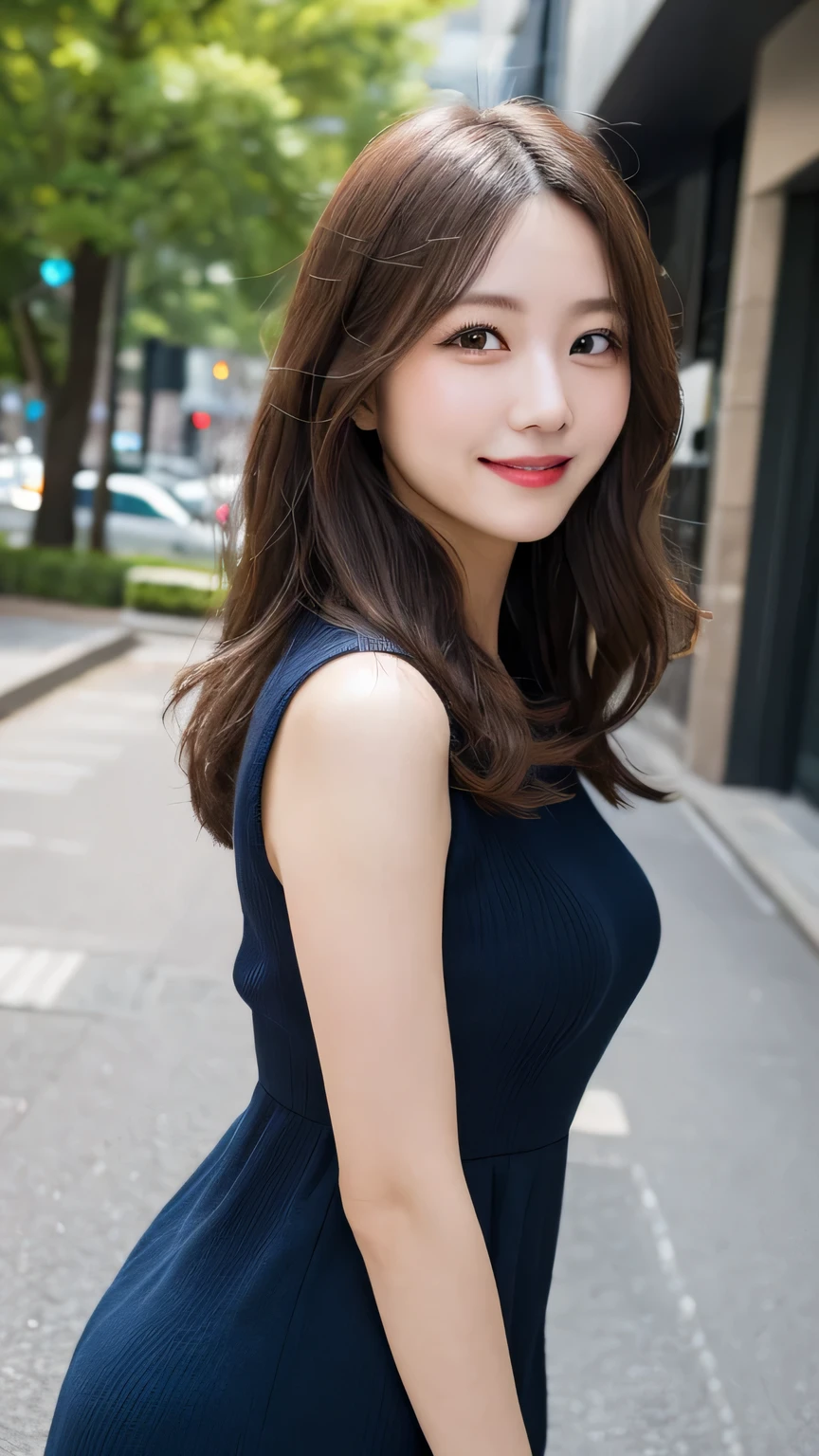 Tabletop, Highest quality, figure, Super detailed, In detail, High resolution, 8k wallpaper, Perfect dynamic composition, Beautiful attention to detail, dress,Medium Hair, Natural color lip, Random sexy poses,smile,Aoyama Street Walk、26-year-old woman