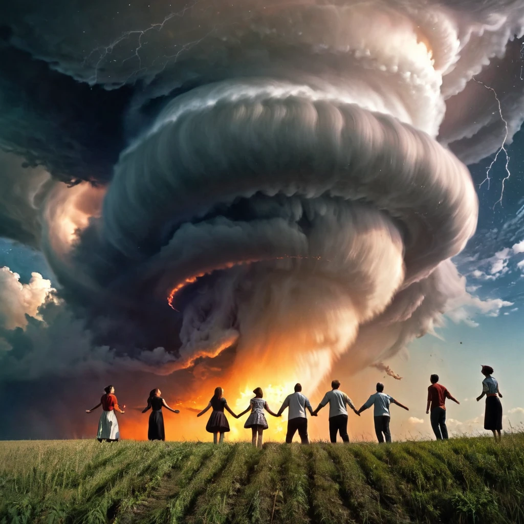 a group of people standing on a hill with a tornado in the sky, creation of the universe, tornado twister, swirling vortex of energy, end of the universe, scientific depiction, tornado, surreal art, thick swirling tornado, tornado of fire, birth of the universe, humanity like cosmic structure, cloud vortex, surreal design, swirling magical energy