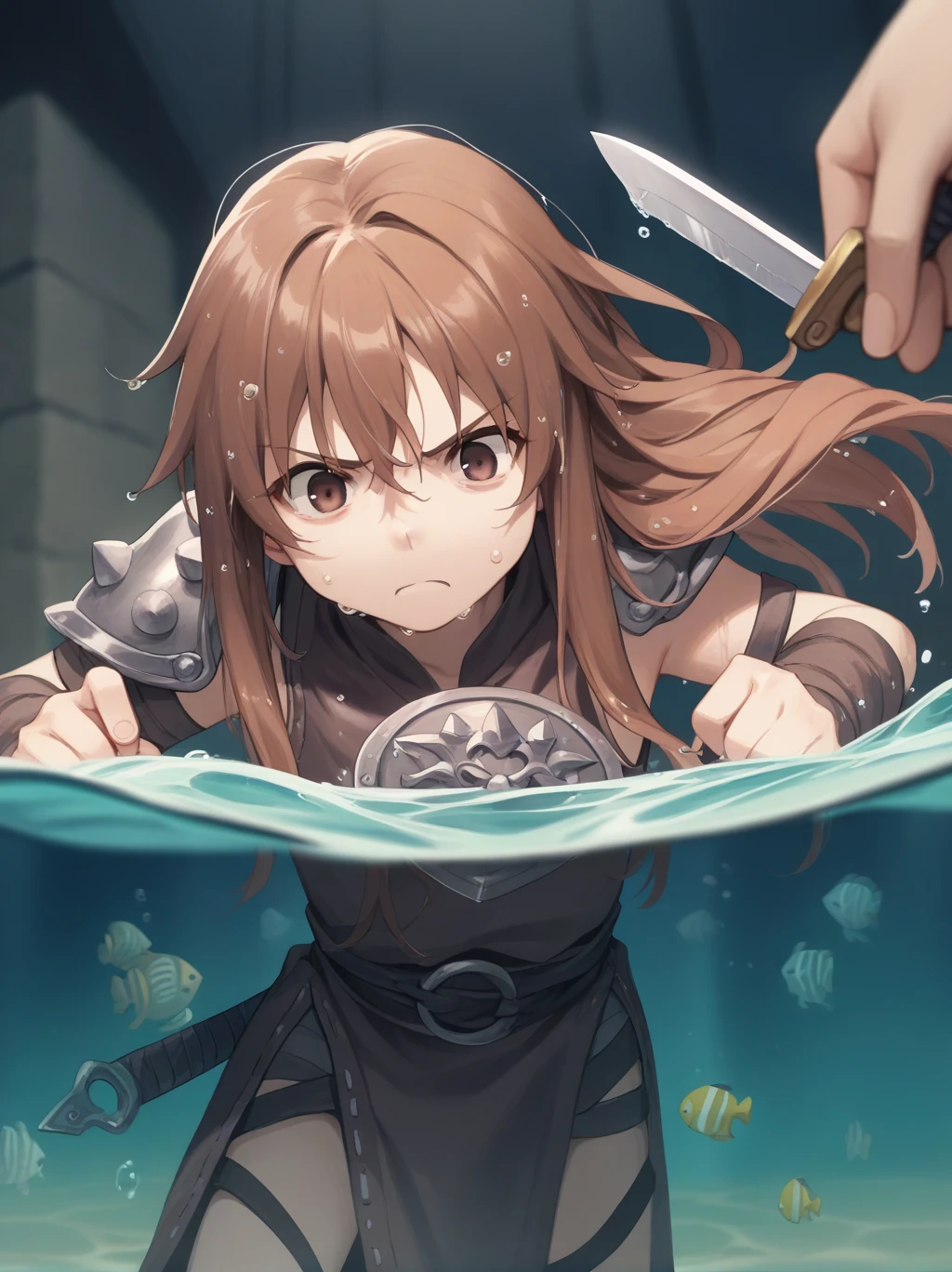 Partially underwater,最high quality,high quality, 4-year-old, , Long Hair, Brown Hair, Wet Hair, Blurred Edges,Flat Chest,Pitch-dark underground labyrinth,No light,Leather armor,Equipped with a dagger and a shield,Face above water,Body in water, Underwater Photography,The robe rolls up due to buoyancy,Painful face