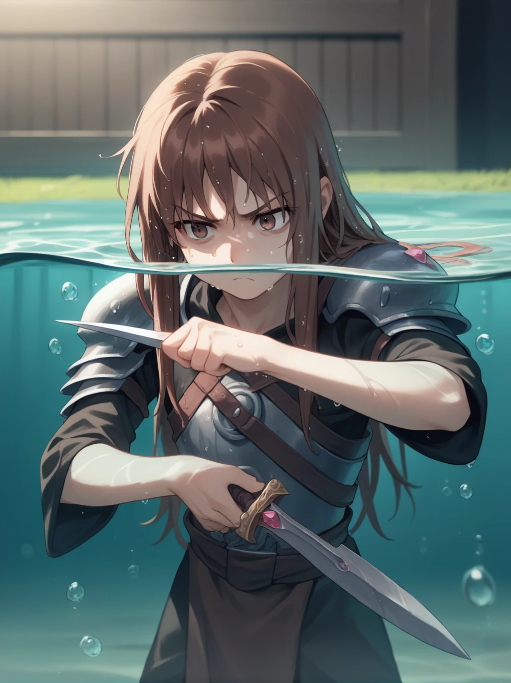 Partially underwater,最high quality,high quality, 4-year-old, , Long Hair, Brown Hair, Wet Hair, Blurred Edges,Flat Chest,Pitch-dark underground labyrinth,No light,Leather armor,Equipped with a dagger and a shield,Face above water,Body in water, Underwater Photography,The robe rolls up due to buoyancy,Painful face