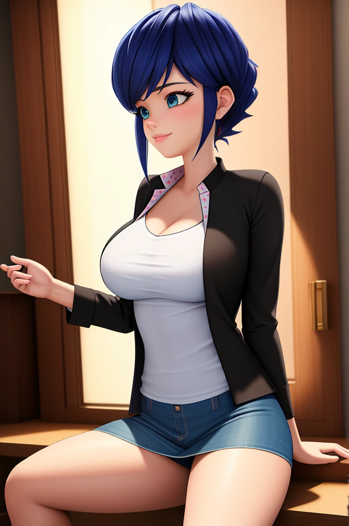 (8k, RAW photo, best quality, masterpiece:1.2), (intricate details), perfect eyes, perfect face, perfect lighting, beautiful, (masterpiece:1.2), (best quality:1.2), 1girl, Marinette, blue hair, ((short flowing hair)), adult torso, 19 years old, slight smile, huge sized breasts, cowboy shot, 3DMM, sitting on desk, business dress, profile, side view,