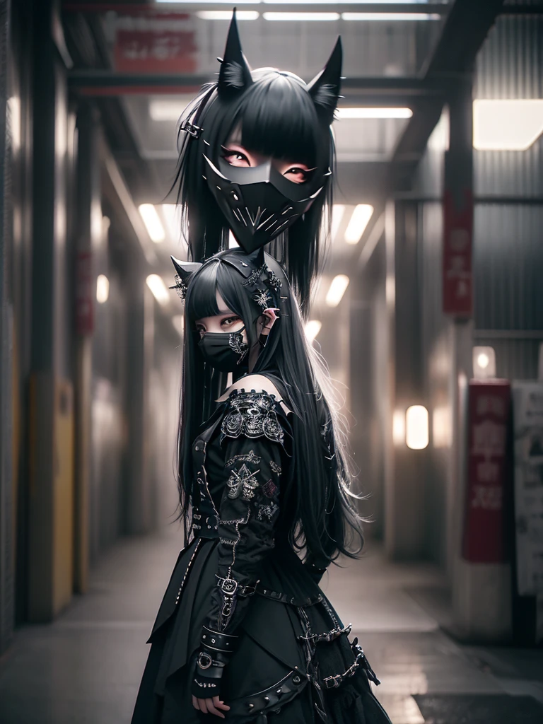 Highest quality、8K、masterpiece:1.3、Gothic Punk、The inside color is red、Black-haired、hair ornaments、Beautiful girl、creative、Dark Fantasy Style、Neogoth、Goth Fashion:1.2、High resolution、masterpiece、Highest quality、頭w:1.3、((Hasselblad Photos))、Fine skin、Sharp focus、(Cinematic lighting)、Realistic textured hair、((Black Mask)),Esbian all over、((View from below))