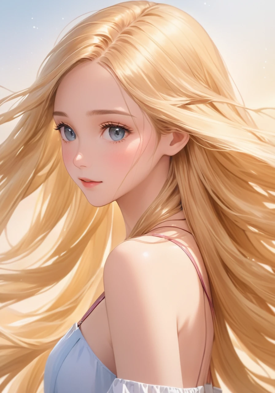 Girl with long and straight blonde hair,Emotional background
,
Ultra-Realistic Details,beautiful,Highest quality,(Realistic:1.2),Dynamic Angle,elegant,Realistic skin detail ,
strap_slip, just_shoulders, off_shoulder,
