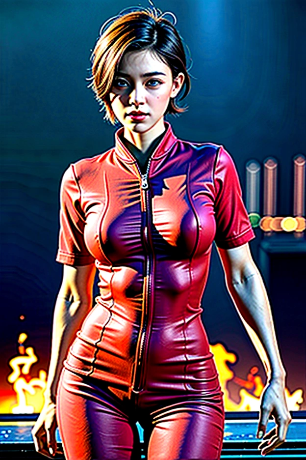 8K, masterpiece, female firefighter with short hair, fire,