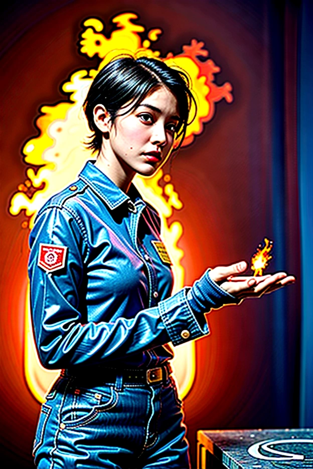 8K, masterpiece, female firefighter with short hair, fire,