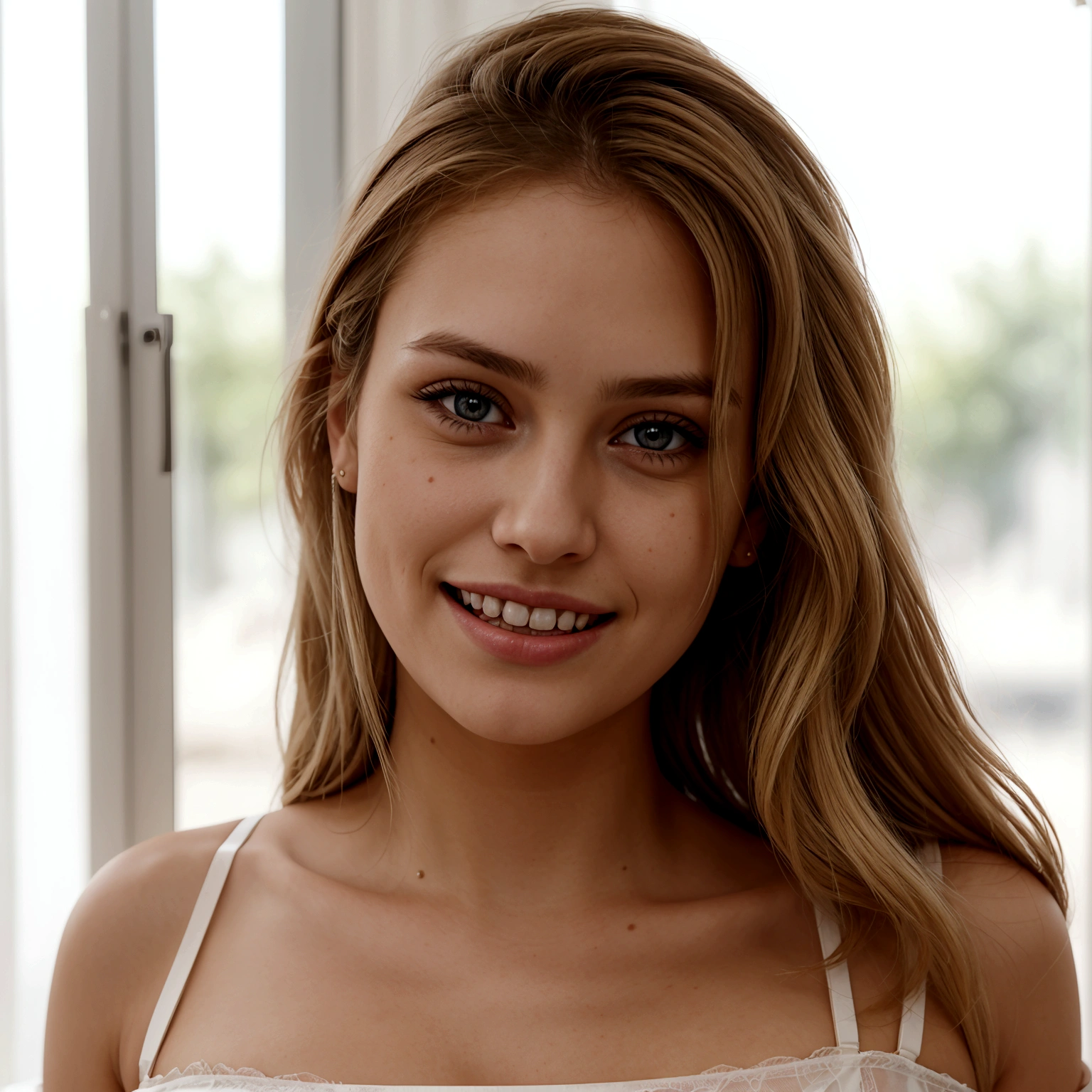 cute beautiful blonde, wearing a psg shirt, perfect angle, very detailed, 21 years old, firty face, messy long hair, Brown eyes, high-res, masterpiece, best quality, intricate, highly detailed, sharp focus, detailed tanned skin, realistic skin, skin texture, texture, detailed eyes, Professional, 4k, smile, shot on Canon, 85mm, shallow depth of field, kodak vision color, photorealistic, white bra, 4k res, perfect teeth, 4k, smiling