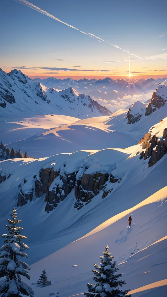 Snow-capped mountains at sunrise: Snow-capped mountain peaks sparkle in the first rays of the sun, with narrow valleys and winding passes crisscrossing the landscape, and a fine mist drifting between the mountains. Vibrant wallpaper HD 4K