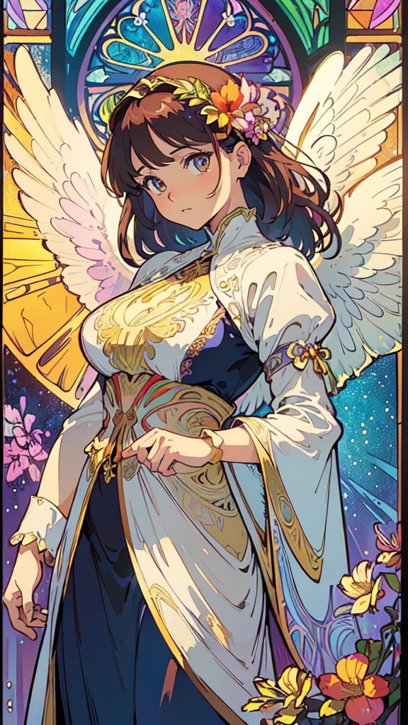 (Highest quality:1.2,Vector art:1.1,Vibrant colors,Stained glass,Beautiful vintage angel woman,A look of determination,(Wide open angel wings:1.1),Facing the Observer,Alphonse Mucha style,Complex floral background,Vibrant colors,Warm Tones,Soft lighting)