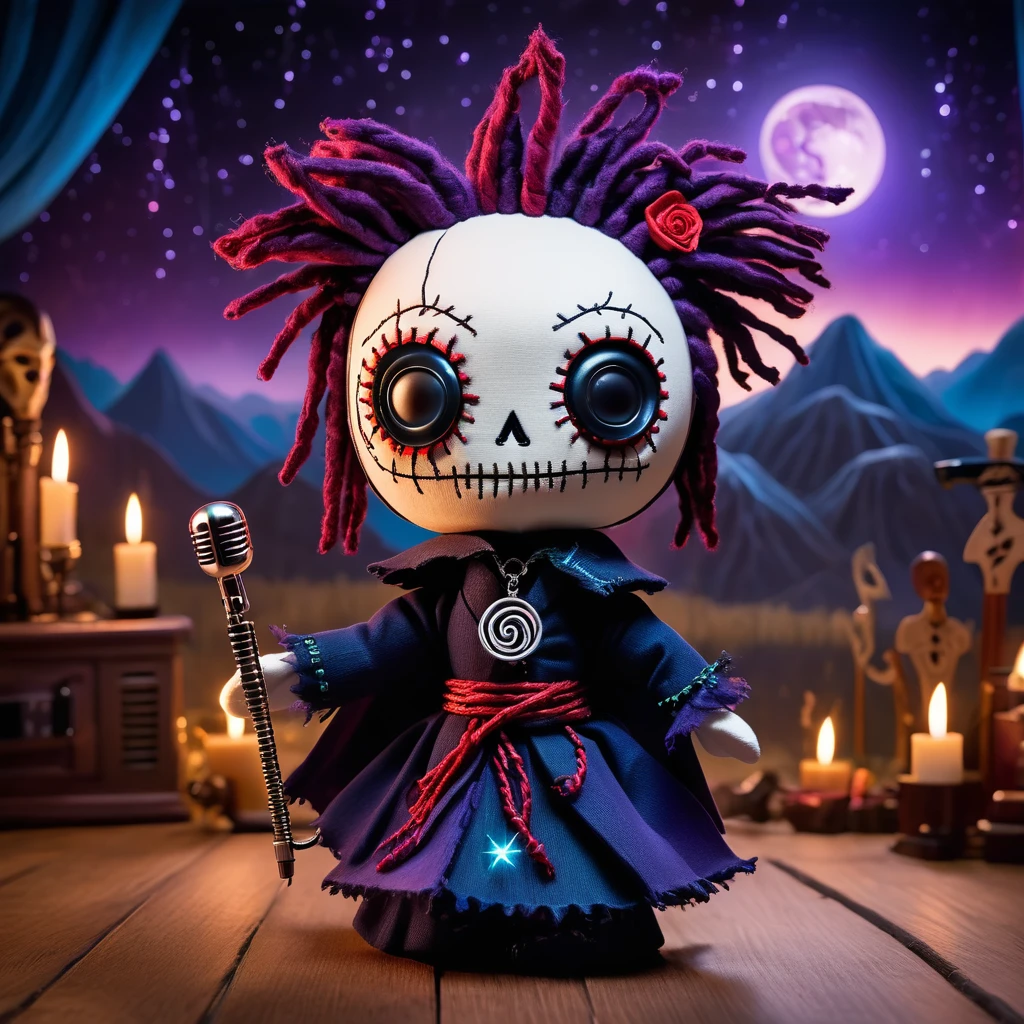 (knitted toy voodoo doll:1.7), (Voodoo Twilight Singer:1.3), (Clothing: dark tunic with luminescent threads, shadowy cloak with musical notes:1.0), (Accessories: enchanted microphone, soundwave-emitting necklace, mask with changing expressions:1.2), (background: twilight stage with ethereal lights and floating musical symbols, mystical landscape in the background:1.2), best quality, masterpiece, detailed soft oil painting, detailed background, dramatic cinematic lighting, soft edge lighting, professional, dramatic lighting, hard edge lighting, ultra quality, 4k,masterpiece, best quality, 8k, ultra highres, highres, extremely detailed