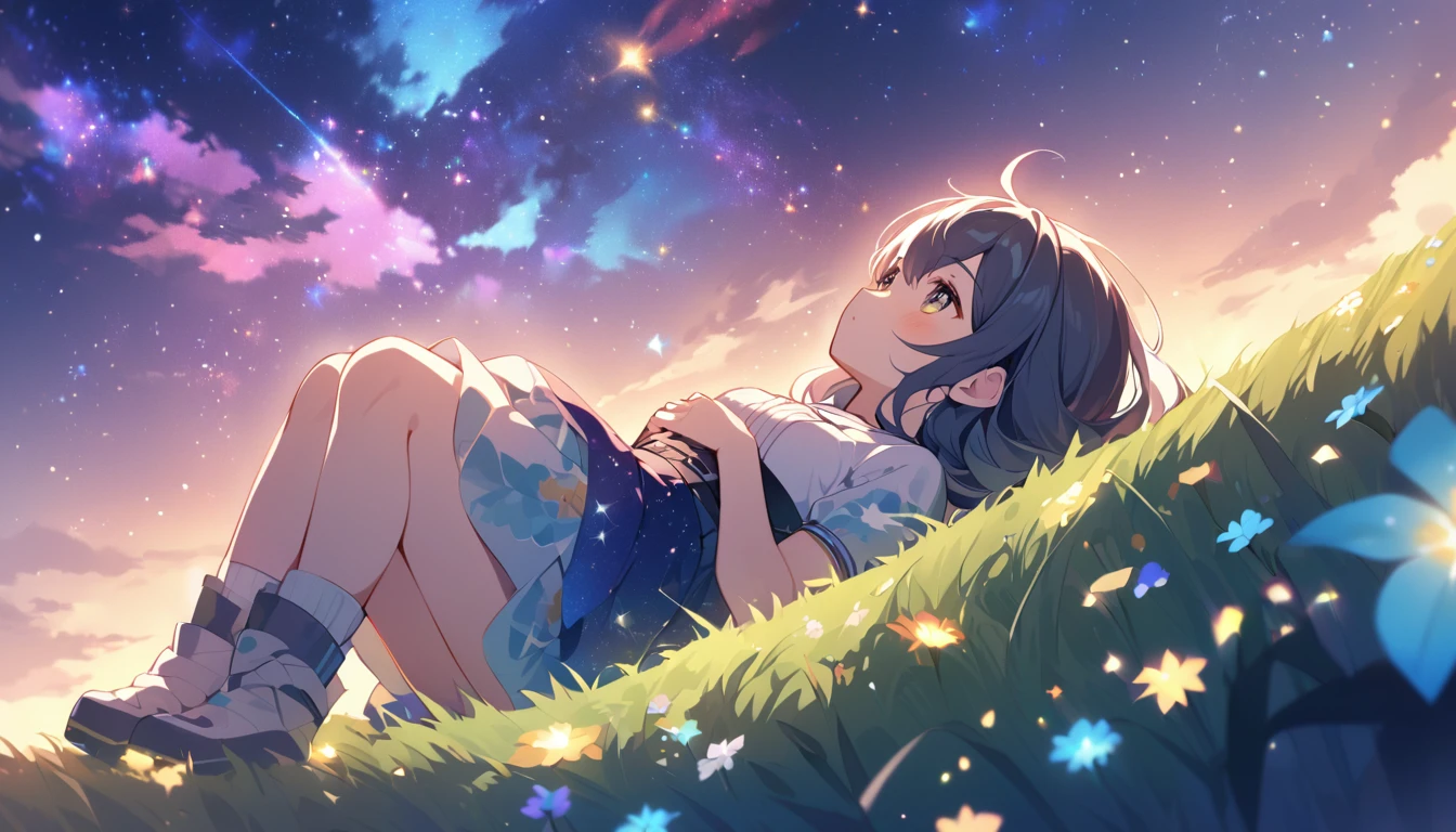 A cute girl is lying on a grassy hill, Look up at the starry sky. Colorful nebulae