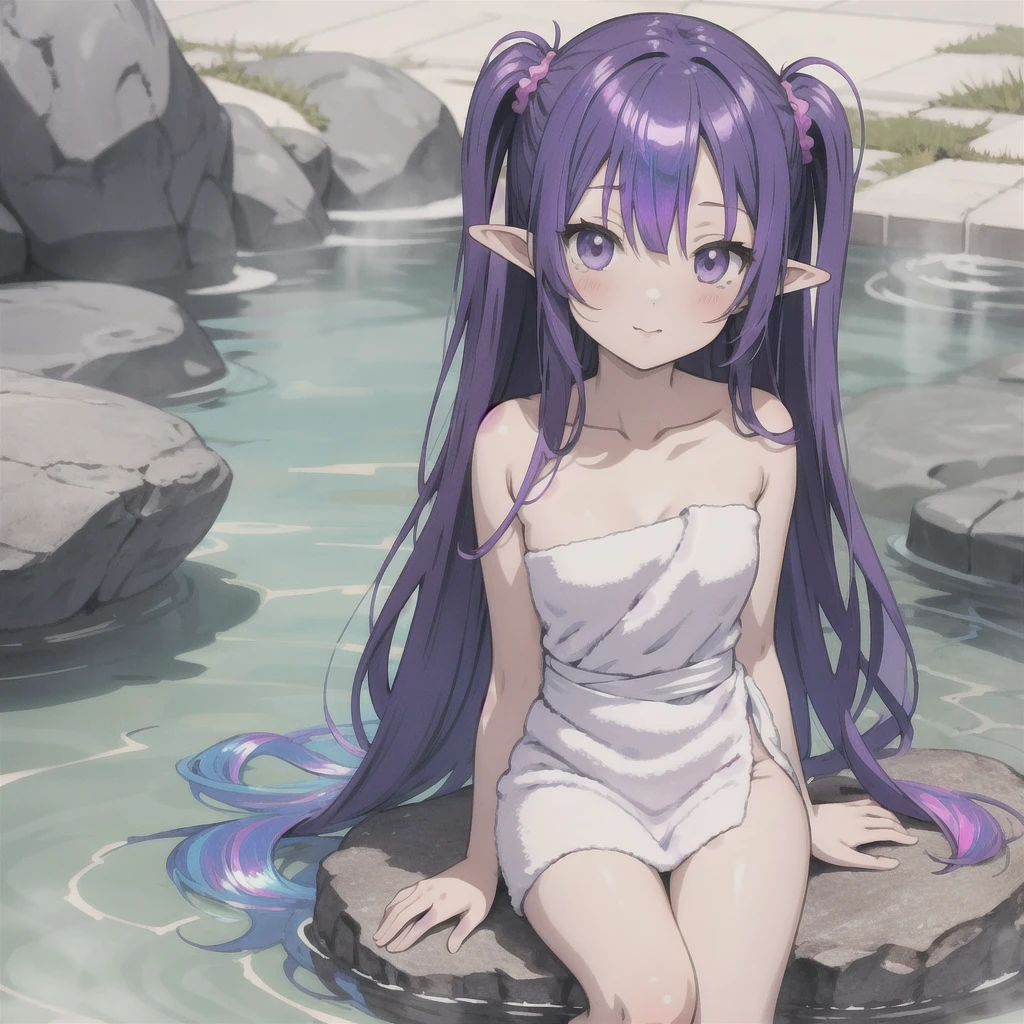 anime girl long purple hair {{Wrapped in a bath towel}}. she has pointy ears. Manga kawaii. iridescent ,An illustration, sitting in a rock