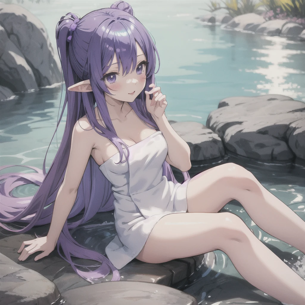 anime girl long purple hair {{Wrapped in a bath towel}}. she has pointy ears. Manga kawaii. iridescent ,An illustration, sitting in a rock