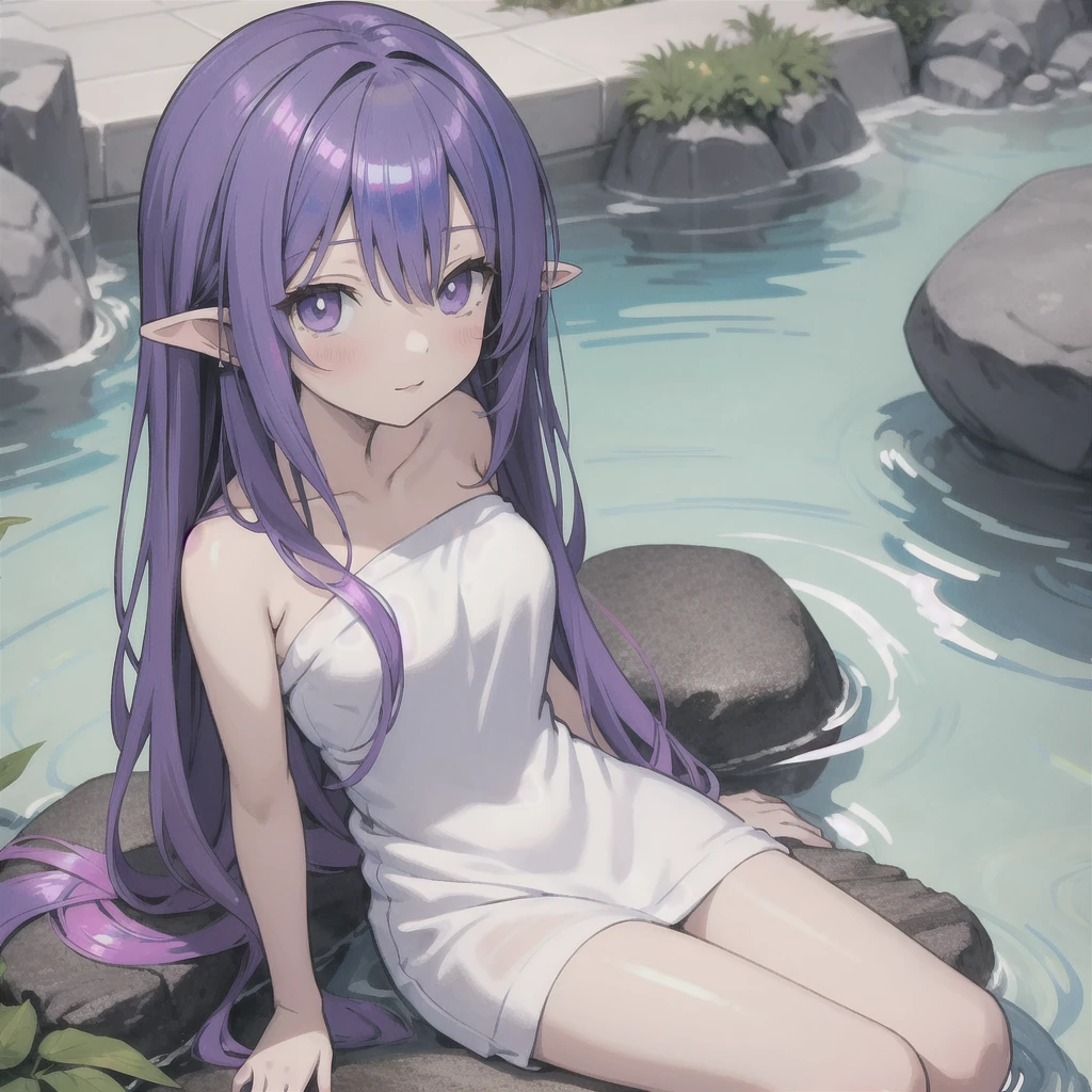 anime girl long purple hair {{Wrapped in a bath towel}}. she has pointy ears. Manga kawaii. iridescent ,An illustration, sitting in a rock