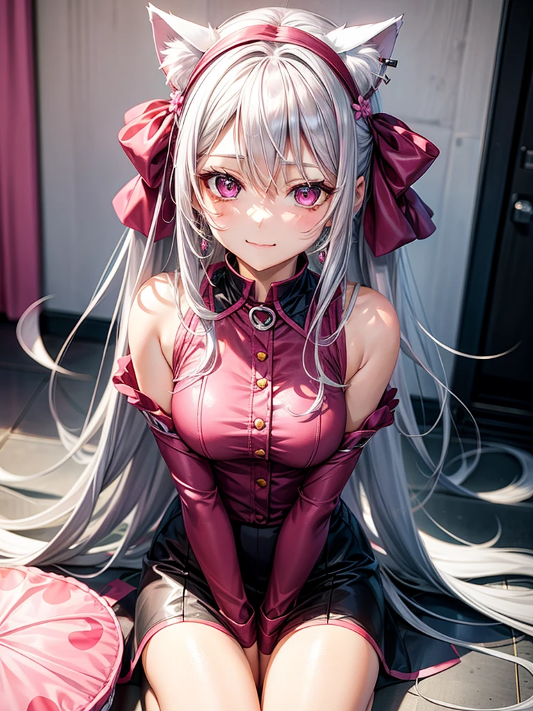 Silver hair, pink eyes, body, cat ears, sexy girl, earrings, flower sky background, pink red uniform, hair bows, sit down, happy face