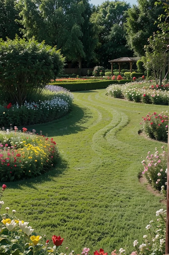 The flower garden is very wide and there are lots of flowers