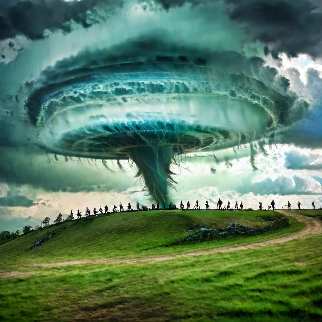 a group of people standing on a hill with a tornado in the sky, concept art by Eugeniusz Zak, shutterstock contest winner, surrealism, creation of the universe, tornado twister, swirling vortex of energy, end of the universe, scientific depiction, tornado, surreal art, tornado of fire, birth of the universe, thick swirling tornado