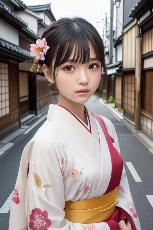 one girl, (a beauty girl, delicate girl:1.3), (16 years old, change:1.3),
break, (Long-sleeved kimono, Flower pattern kimono:1.3),(Brown fox ears)
break, Very fine grain definition, (Symmetrical eyes:1.3),
break, (alley, In Kyoto:1.3), perfectly trimmed fingers,
break, Small breasts, Brown eyes, Parted bangs, Brown Hair,  girl,
break, (Eye and facial details:1.0),
break, (masterpiece, Highest quality, Super detailed, Detailed face, 8K)