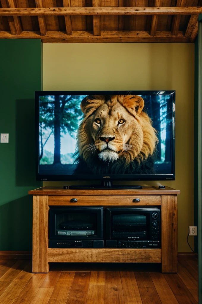 Lion watching a tv in forest