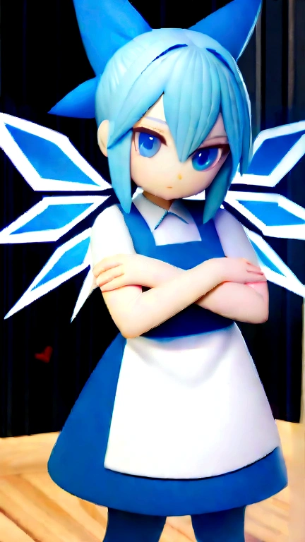 cirno, Blue Hair, Hair Ribbon, blue eyes, Wings of Ice, Apron dress, Blue ribbon, Self-hugging, Arms crossed, A light smile, masterpiece, Highest quality,Short stature, childish figure