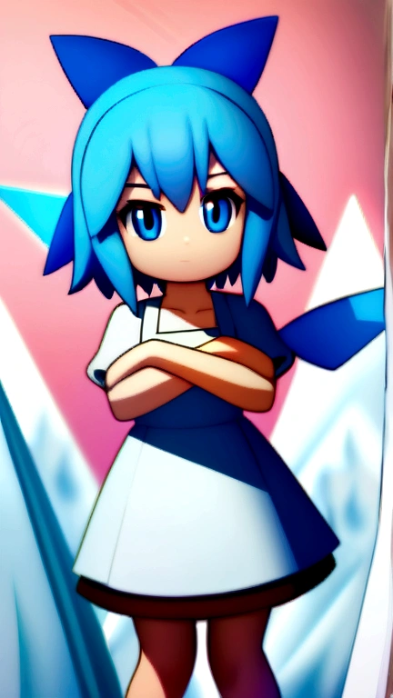cirno, Blue Hair, Hair Ribbon, blue eyes, Wings of Ice, Apron dress, Blue ribbon, Self-hugging, Arms crossed, A light smile, masterpiece, Highest quality,Short stature, childish figure