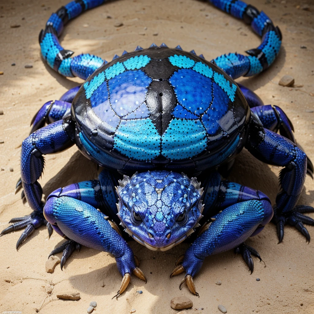 Big Animaly, has purple stripes on his skin, black eyes, lizard mixed with blue crab, Grassroots, no background
