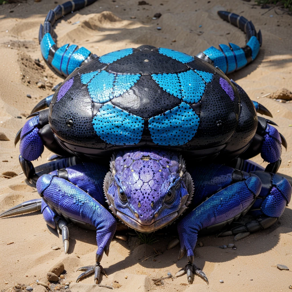 Big Animaly, has purple stripes on his skin, black eyes, lizard mixed with blue crab, Grassroots, no background