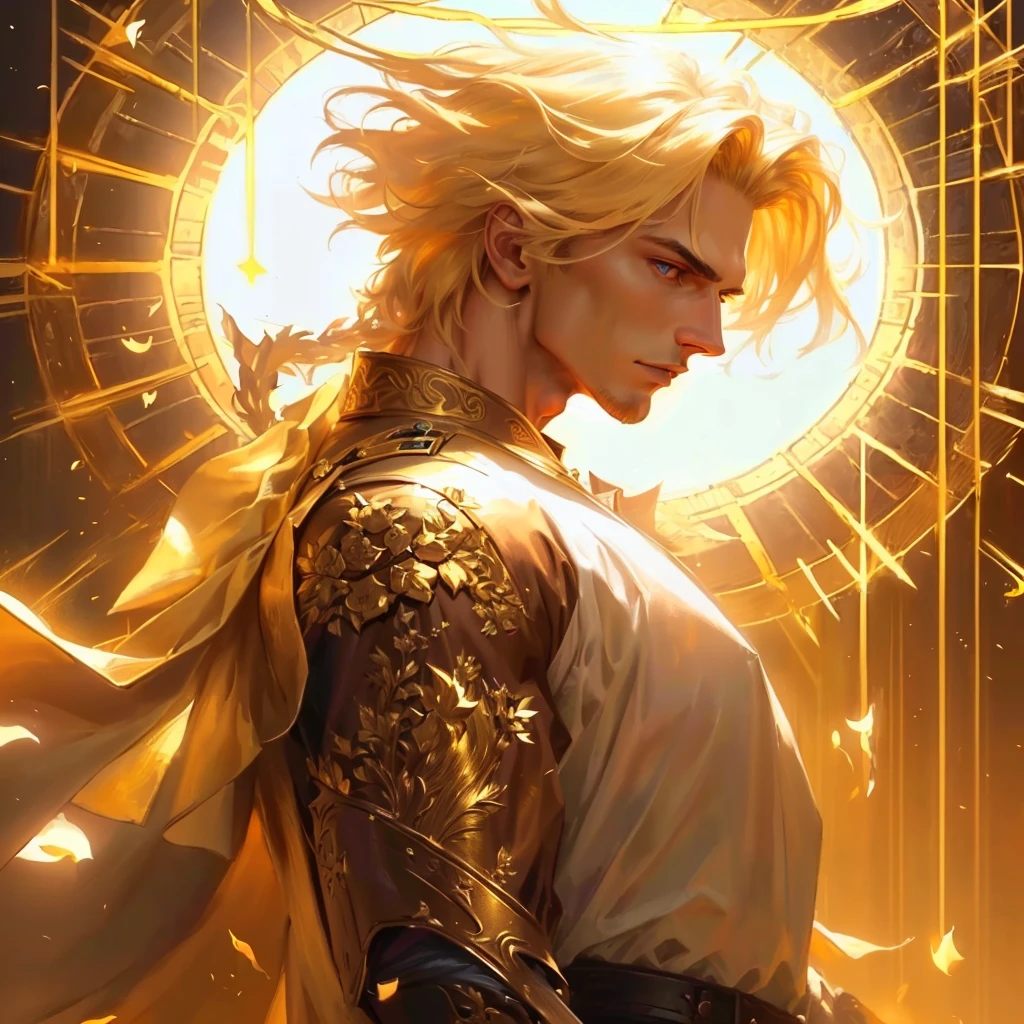 (absurdres, highres, ultra detailed), 1 male, adult, handsome, tall muscular guy, broad shoulders, finely detailed eyes and detailed face, fantasy, dark theme, cinematic lighting, colorful, portrait, flying petal, Flowery meadow, cloudy sky, building, sun, light, dutch angle, cowboy shot, golden hair, burning, golden flames, white and red uniform, short hair, standing in front of sun