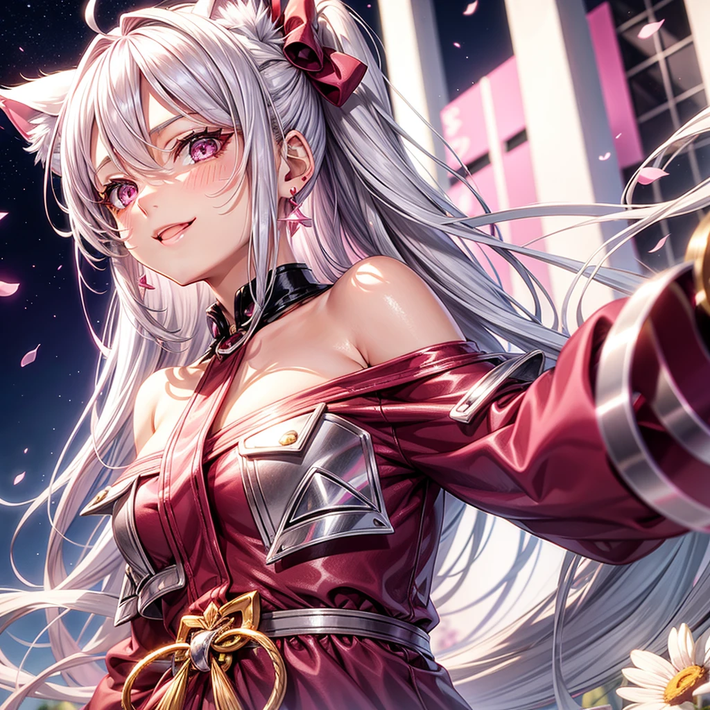 Silver hair, pink eyes, body, cat ears, sexy girl, earrings, flower sky background, pink red uniform, hair bows, look down, happy face