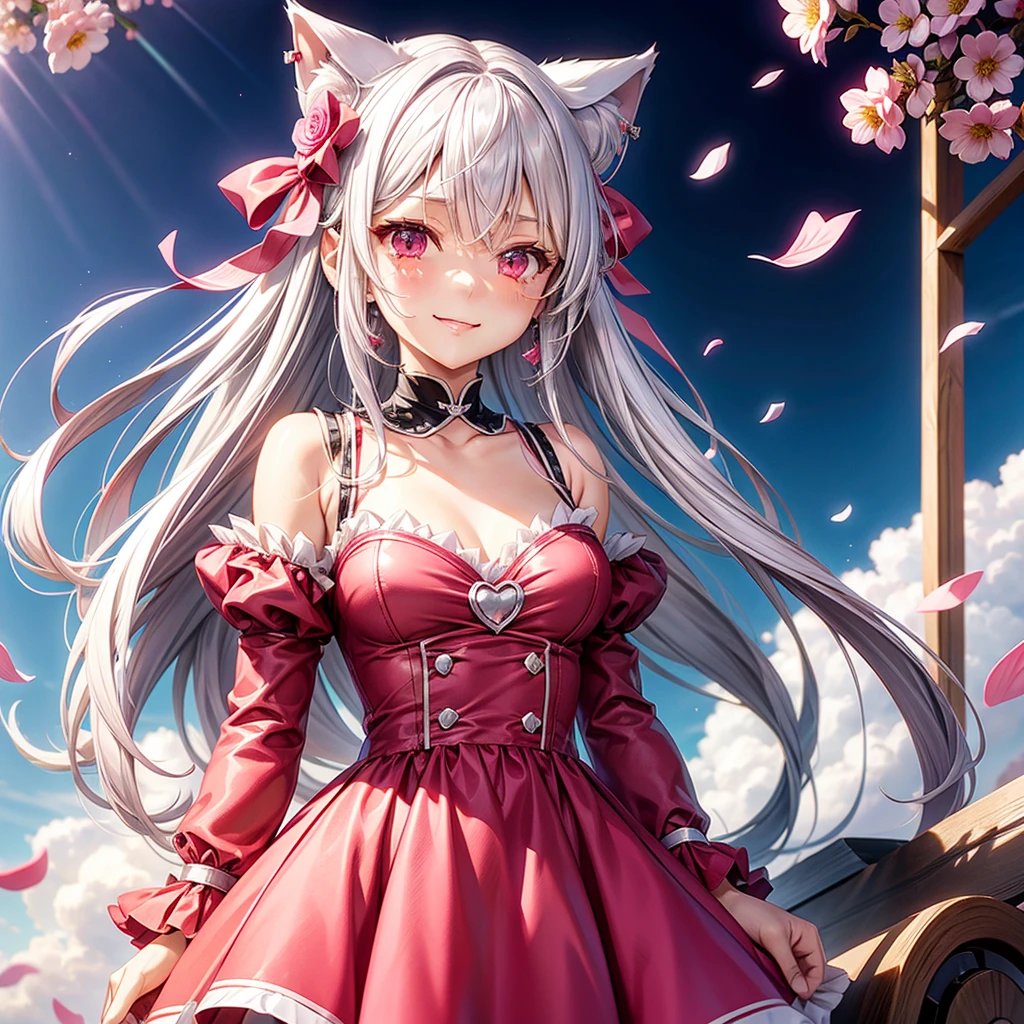 Silver hair, pink eyes, body, cat ears, sexy girl, earrings, flower sky background, pink red uniform, hair bows, look down, happy face