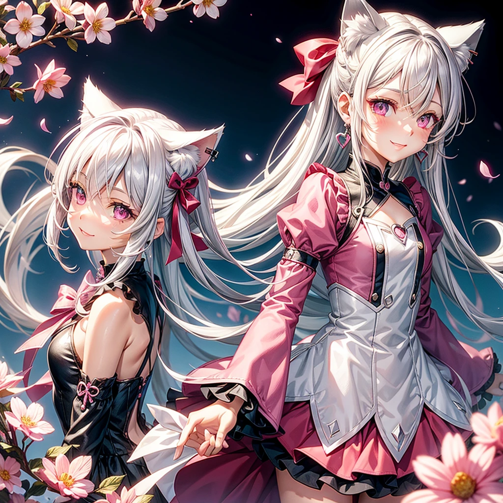 Silver hair, pink eyes, body, cat ears, sexy girl, earrings, flower sky background, pink red uniform, hair bows, look down, happy face