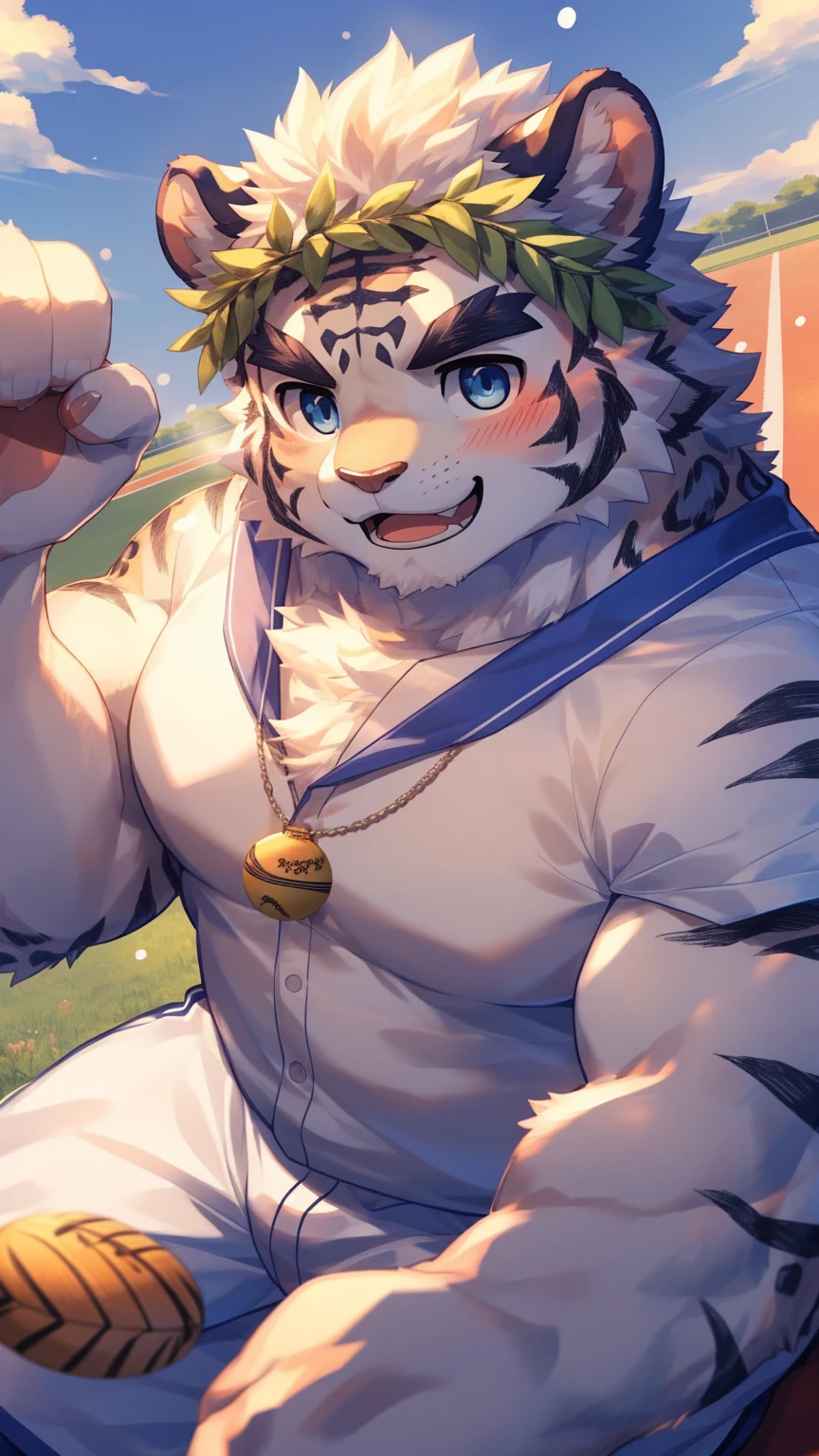 (Imagine:1.5), solitary, anthropology, hairy, hairy male, tiger, ((Fluffy fur, Fluffy, hairy body)), (Snow leopard print), (thick eyebrows), youth, muscular, The skin is white and big, Blue-gray pupils, Detailed teeth, defaced face, fundos, jock, Small bump, softball field上, He is playing baseball, sideways, 害羞expression, 淡淡的Smile, blush, (動態posture:1.5), clear facial features, strong, majestic, solitary, panoramic, Fog atmosphere, early morning, Tyndall light effect, softball field, (author:ghost of emptiness, From Snow Leopard 20, masterpiece, high quality, High resolution,8K)Animal species**:tiger - **color**:black and white - **expression**:Smile,blush - **decorate**:Blue and pink wreath - **posture**:lying down,Hand reaching for the camera - **Scenes**:green grassland - **detail**:草原上有各式color的小花 - **visual angle**:俯視 - tiger躺在草地上,從俯visual angle度看過去。 - tiger的頭部微微傾斜,臉上帶著Smile,There is a slight blush on the cheeks。 - One hand reaches towards the camera,Seems to be greeting the audience。 - Wearing a wreath of blue and pink flowers on her head。 - 草地上有各種color的小花,background soft tones,Bright colors。Male Male