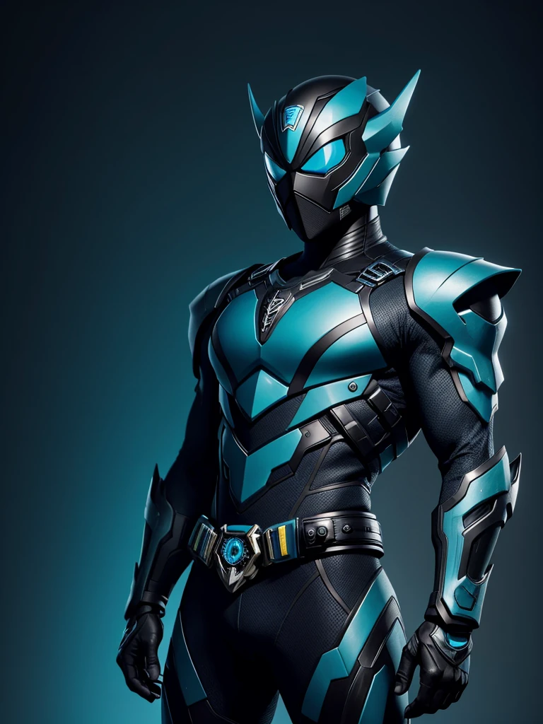 1 male. Kamen rider. Sea Serpent styled kamen rider. Blue and black female kamen rider suit. Sea serpent styled full face kamen rider helmet. No face exposed. No hair exposed. Kamen rider belt. Standing pose. Dark blue background