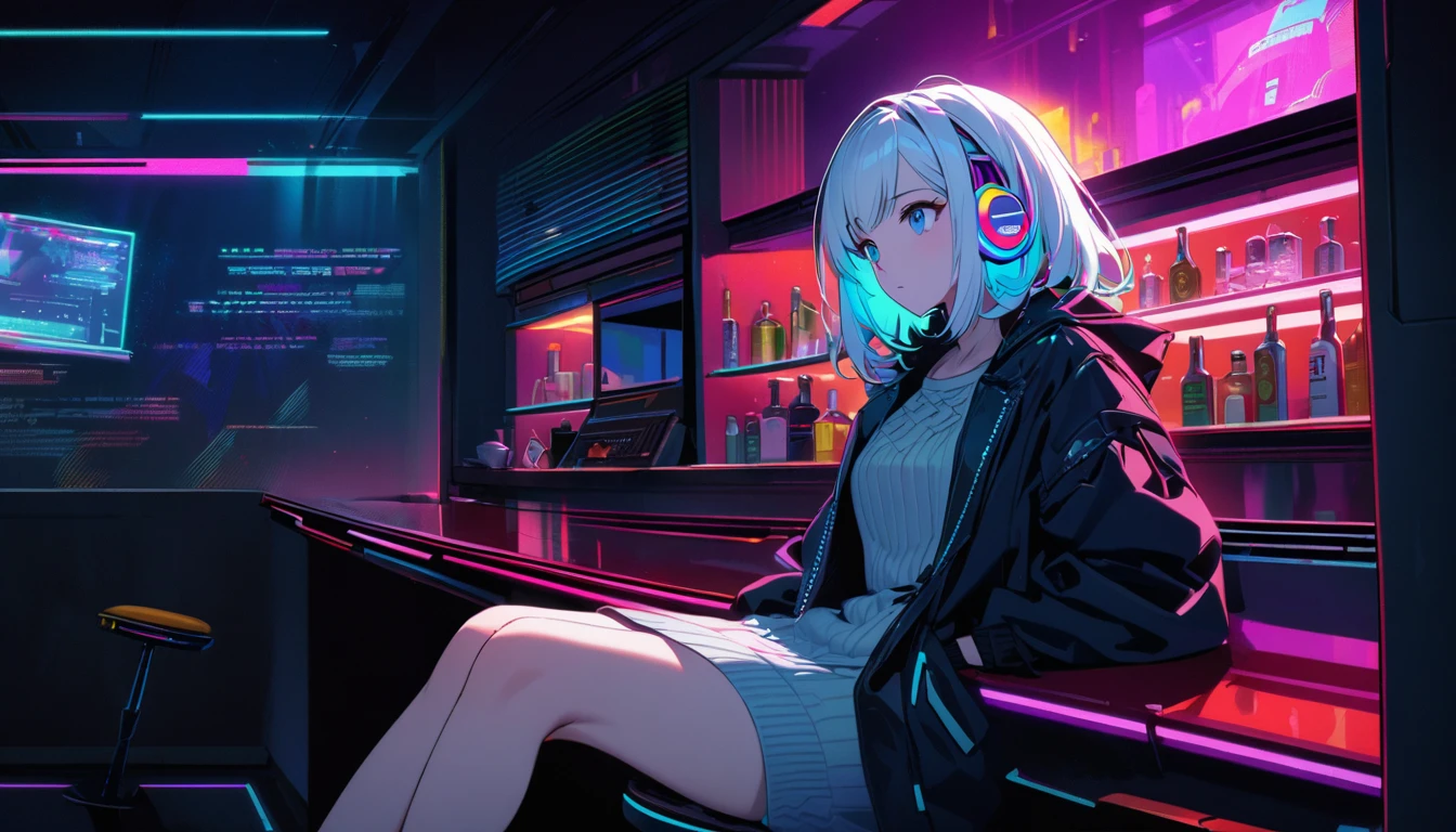 8k Handsome cute, Solitary, 1 female, Medium Length Hair, white hair, Rainbow hair, blue Eyes, Rainbow headphone, knit dress, Futuristic, Cyberpunk, Cybernetics panoramic, in the night, looking away, Sitting, Night bar counter seats,