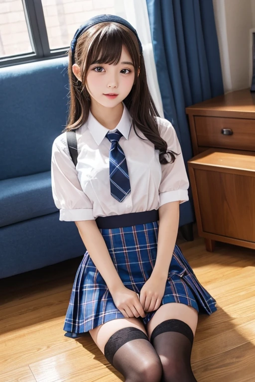 high school girl、mini skirt、stockings、See-through、sit