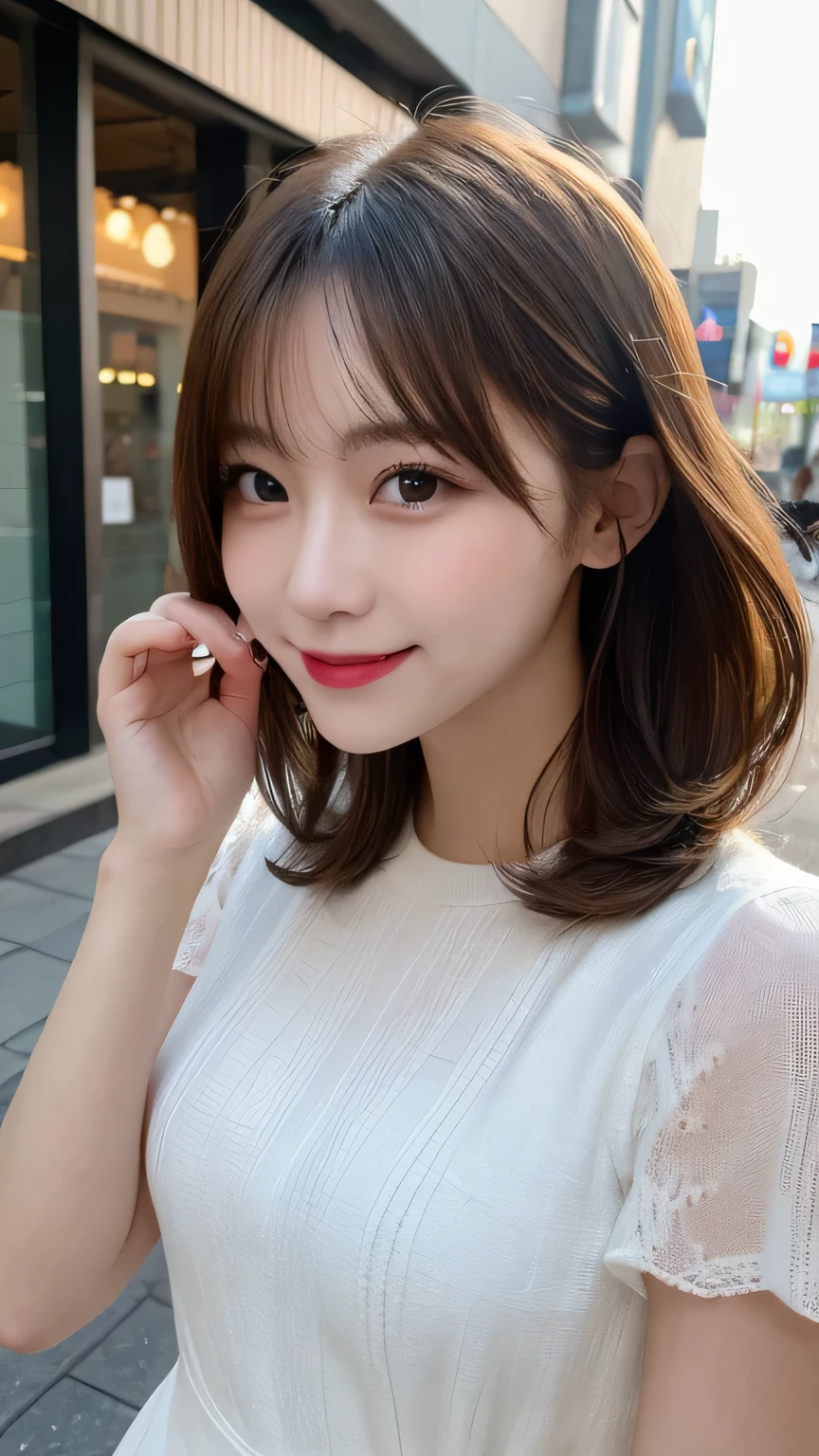 Tabletop, Highest quality, figure, Super detailed, In detail, High resolution, 8k wallpaper, Perfect dynamic composition, Beautiful attention to detail, dress,Medium Hair, Natural color lip, Random sexy poses,smile,Aoyama Street Walk、26-year-old woman